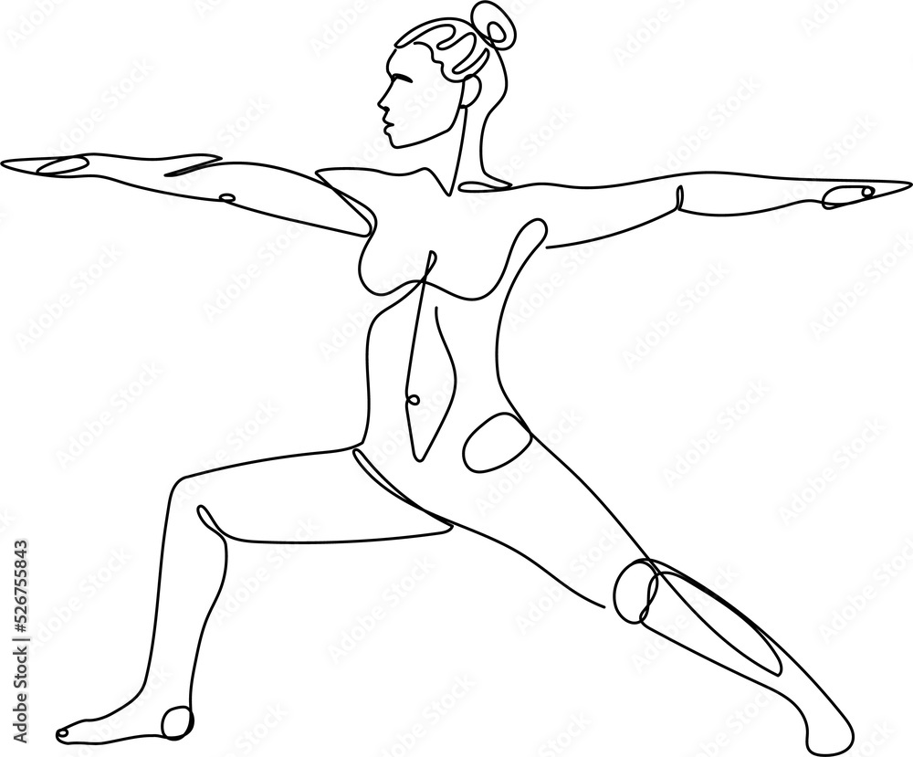 Elegant vector line illustration of woman in warrior pose, yoga asana ...