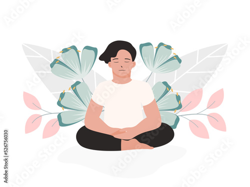 A man meditating in nature and leaves. Concept illustration for yoga, meditation, relax, recreation, healthy lifestyle. Vector illustration in flat cartoon style.