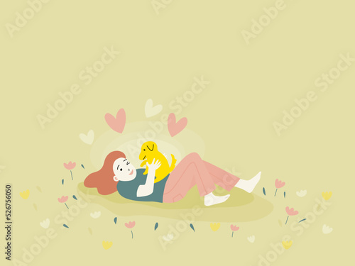 A happy girl lay down on the grass in the park and playing with the dog. flat vector illustration. 