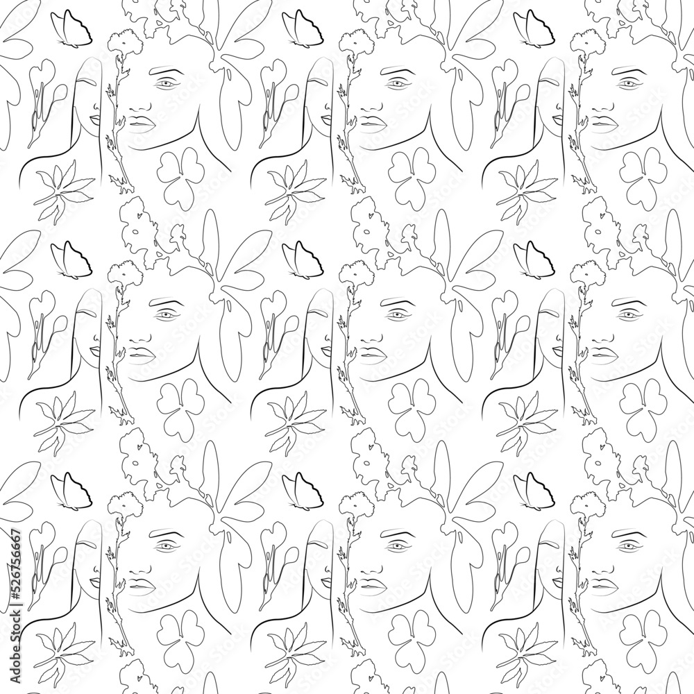 Modern minimalistic portraits with plants in doodles. A set of seamless abstract modern faces with a pattern in the form of a single drawn line. Continuous printing on fabric.