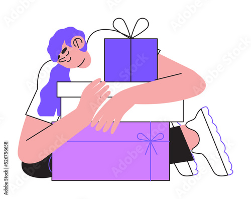 Happy smiling woman holding gift boxes with presents and celebrate birthday or anniversary. Concept of you won prize, winner, surprize or christmas event or grand opening with prize drawing.