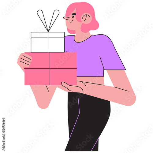 Happy smiling woman holding gift boxes with presents and celebrate birthday or anniversary. Concept of you won prize, winner, surprize or christmas event or grand opening with prize drawing. photo