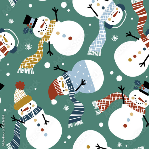 Cute snowmen seamless vector pattern. Perfect for textile, wallpaper or print design.