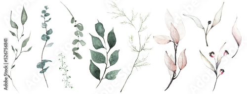 Watercolor floral set of turquoise and pink leaves, branches, twigs etc. Vector traced isolated greenery illustration. 