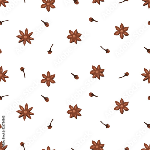 Seamless pattern stars anise and cloves, fragrant winter spices, vector illustration background.