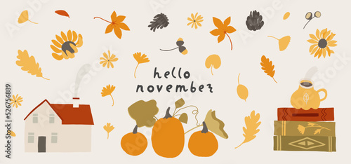 Autumn banner, Fall bundle of cute and cozy design elements. Set of fall leaves, foliage, pumpkins, house, sweater, kettle and tea cup. Colored flat vector illustration collection isolated