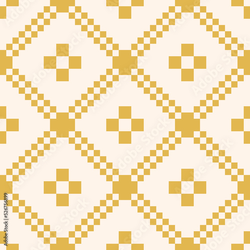 Vector geometric traditional folk ornament. Nordic scandinavian style. Winter Christmas theme. Yellow and white seamless pattern. Ornamental background with squares, crosses, snowflakes, flower shapes