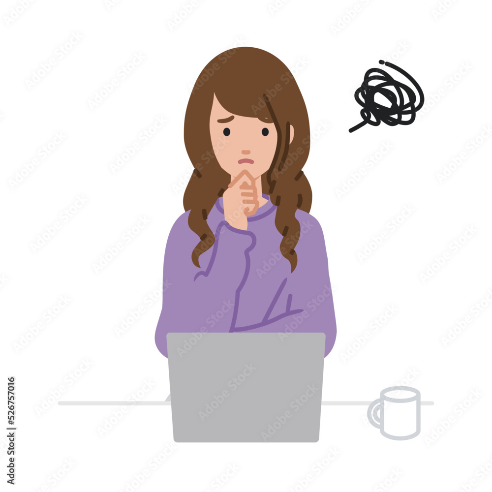 デスクで座ってPCを開いて困っているリモートワークの女性