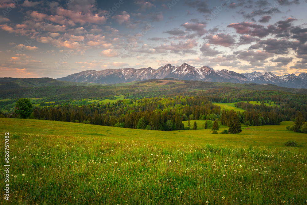Spring view of the Tatra Mountains in Poland from Spisz and Podhale. Beautiful views from one of the most beautiful places in Małopolska.