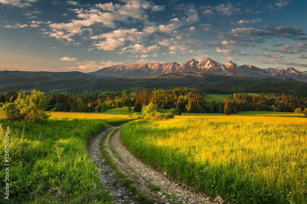 Obraz premium Spring view of the Tatra Mountains in Poland from Spisz and Podhale. Beautiful views from one of the most beautiful places in Małopolska.