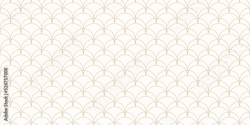 Art deco seamless pattern. Vector geometric linear background with thin curved lines, fish scale ornament, grid, lattice. Luxury gold and white abstract texture. Simple wide minimal golden design