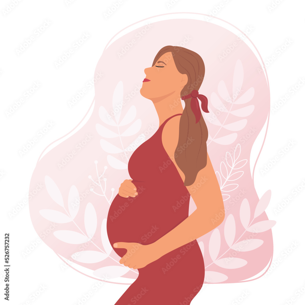 Happy pregnant woman holding her belly. The expectation of child. Vector illustration. Happy pregnant woman holding her belly. The expectation of child. Vector illustration.