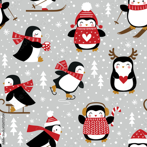Seamless vector pattern with cute penguins and snowflakes. Perfect for textile, wallpaper or print design.