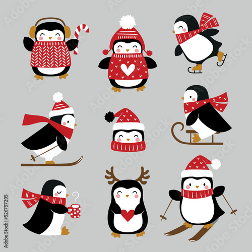 Cute winter penguin vector sticker set.