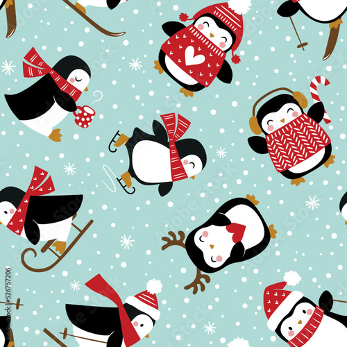Seamless vector pattern with cute penguins and snowflakes. Perfect for textile, wallpaper or print design.
