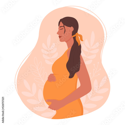 Happy pregnant woman holding her belly. The expectation of child. Vector illustration.