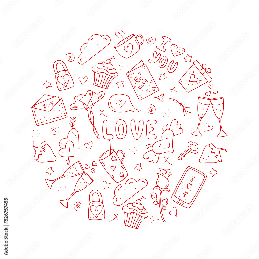 Red vector items, set Valentine day and weddings icons doodle. Design for prints, cards and coloring page.
