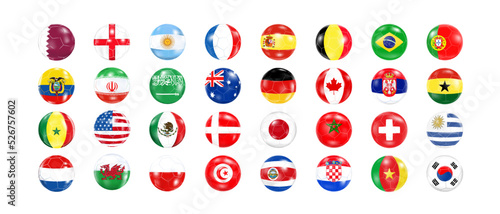 Soccer balls with flags of all countries.Groups of the football tournament in Qatar.