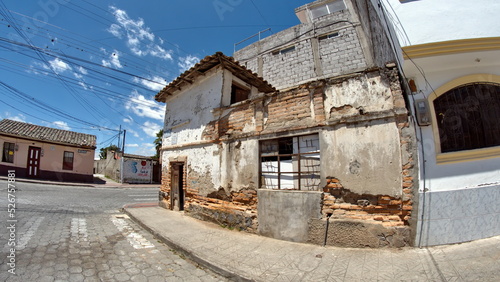 Derelict building on a corner in Cotacachi, Ecuador, taken with a fisheye lens