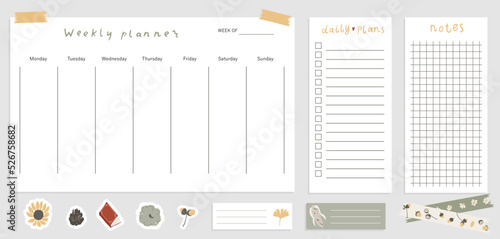 Cute Autumn and Fall Notebook design. Daily Planner Template. Organizer and Schedule with Notes and To Do List. Isolated. Trendy Concept Sticker set. Modern scheduler or organizer. Vector illustration