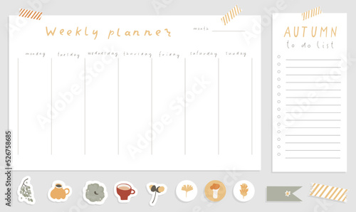 Cute Autumn and Fall Notebook design. Daily Planner Template. Organizer and Schedule with Notes and To Do List. Isolated. Trendy Concept Sticker set. Modern scheduler or organizer. Vector illustration