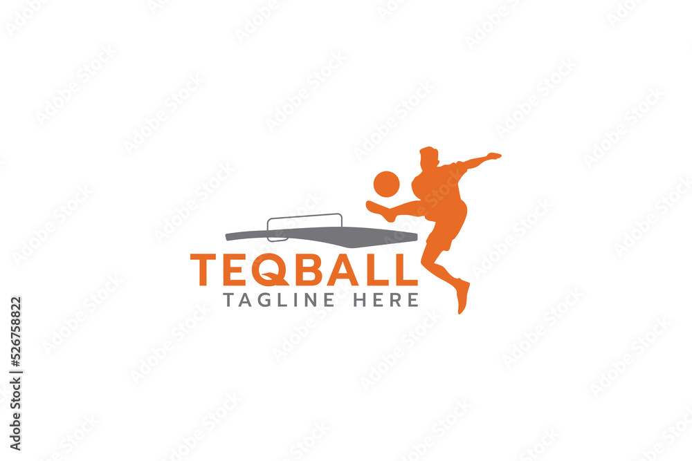 Naklejka premium teqball logo with silhouette of person jumping in teqball game.