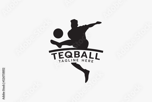 teqball logo with silhouette of person jumping in teqball game.