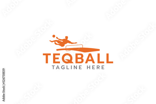 teqball logo with silhouette of person jumping in teqball game.