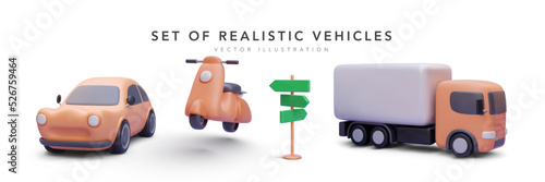 Set of 3d realistic vehicles with shadow isolated on white background. Vector illustration