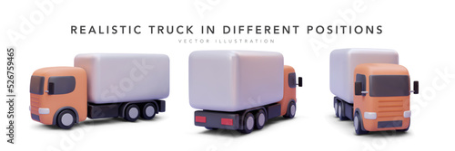 Set of 3d realistic delivery truck in different position with shadow isolated on white background. Vector illustration