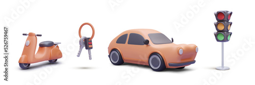 Set of 3d realistic scooter, keys, car, traffic light isolated on white background. Vector illustration