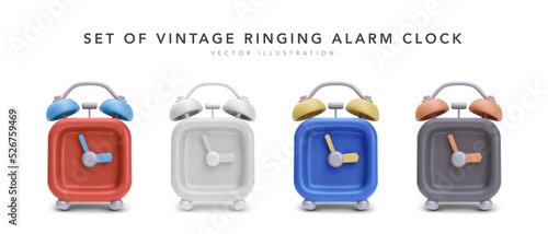 Set of 3d realistic vintage ringing alarm clock isolated on white background. Vector illustration
