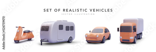 Set of 3d realistic vehicles with shadow isolated on white background. Vector illustration