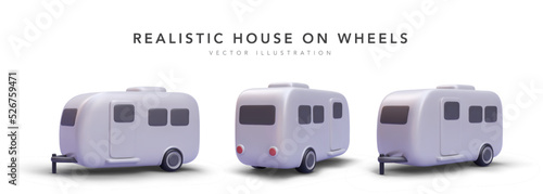 Set of 3d realistic house on wheels with shadow isolated on white background. Vector illustration