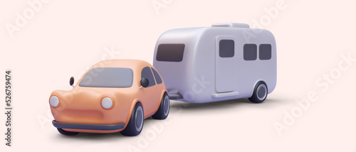 3d realistic car and motorhome with shadow isolated on red background. Vector illustration