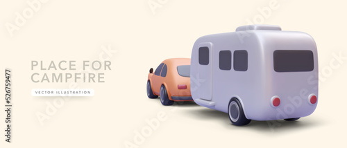 Concept banner for camping place with 3d realistic car and motorhome. vector illustration