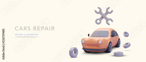 Cars repair concept banner with 3d realistic car isolated on yellow background. Vector illustration