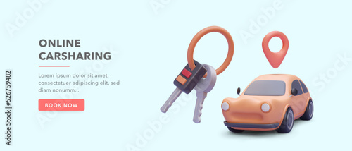 Concept banner for online car-sharing service with 3d realistic car, keys. Vector illustration