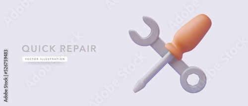 Quick repair banner concept with 3d realistic realistic wrench and screwdriver. Vector illustration