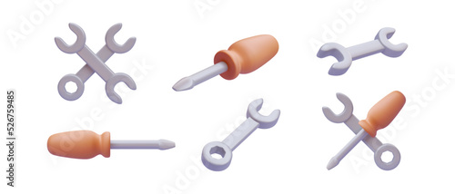 Set of 3d realistic repair keys and screwdriver isolated on white background. Vector illustration