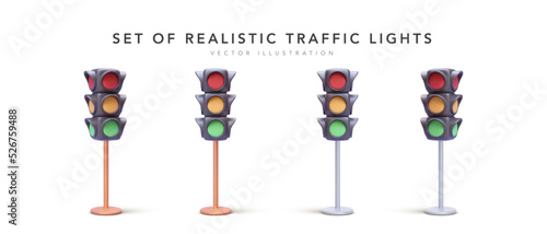 Set of 3d realistic traffic lights isolated on white background. Vector illustration