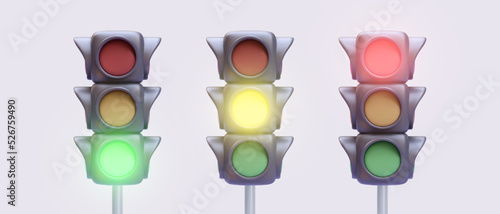 Set of 3d realistic traffic lights isolated on light background. Vector illustration