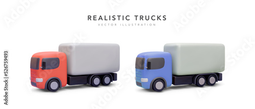 Set of 3d realistic delivery trucks with shadow isolated on white background. Vector illustration