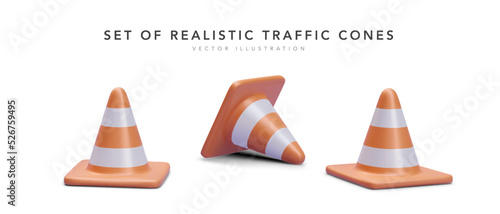 Set of 3d realistic traffic cones isolated on white background. Vector illustration