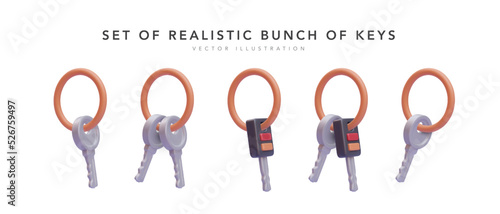Set of 3d realistic bunch of keys isolated on white background. Vector illustration