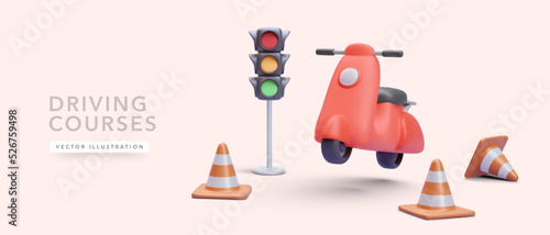 Concept poster for driving courses in 3d realistic style with scooter, traffic cones and traffic lights. Vector illustration
