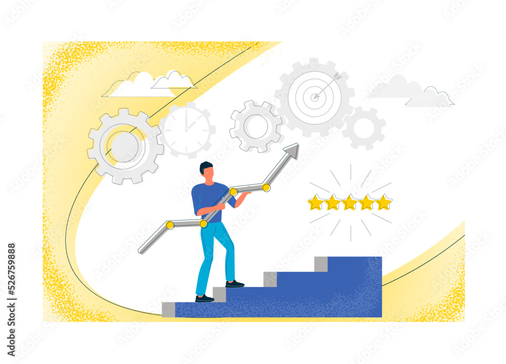 Man with growing schedule rising on step of ladder, stages of successful business project. Flat vector illustration. Editable vector illustration EPS 10. Man with growing schedule rising on step of ladder, stages of successful business project. Flat vector illustration. Editable vector illustration EPS 10.