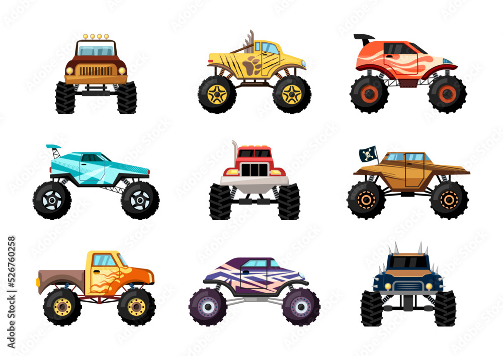 monster trucks. aggressive big sport cars extreme outdoor big wheels truck. Vector illustrations set isolated on white