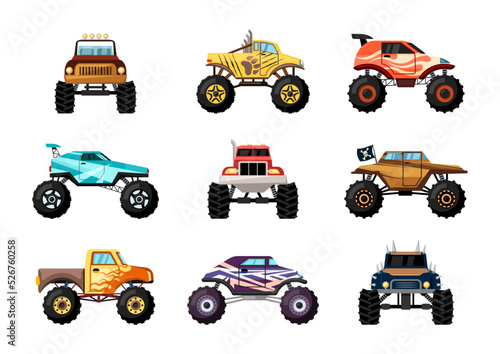 monster trucks. aggressive big sport cars extreme outdoor big wheels truck. Vector illustrations set isolated on white