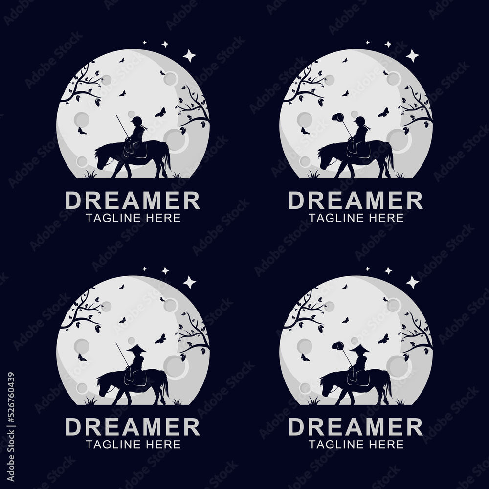 Silhouette of dreamer riding horse logo on the moon with tree